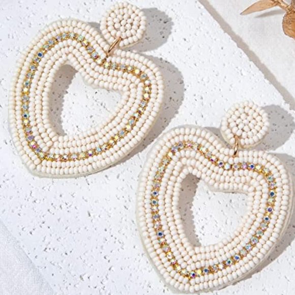 2.5" Handmade Large White Heart Beaded Earrings Beads & Rhinestones Handcrafted - Picture 4 of 6